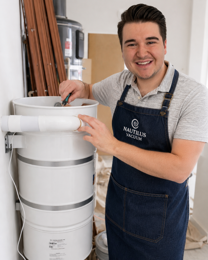 SILENT MASTER W PWRHD Colin Watzke of Nautilus Vacuum in Omaha servicing a central vacuum cleaner